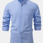 Seersucker Striped Stand Collar Shirt & Straight Leg Linen Pants Set