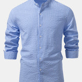 Seersucker Striped Stand Collar Shirt & Straight Leg Linen Pants Set