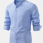 Seersucker Striped Stand Collar Shirt & Straight Leg Linen Pants Set