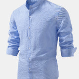 Seersucker Striped Stand Collar Shirt & Straight Leg Linen Pants Set