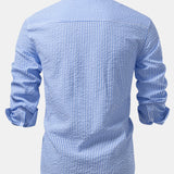 Seersucker Striped Stand Collar Shirt & Straight Leg Linen Pants Set