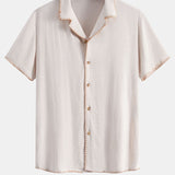 Contrast Stitching Linen Rayon Blend Cuban Shirt & Crinkle Textured Set