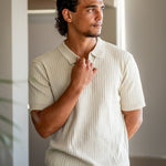 Open-Neck Ribbed Knit Polo