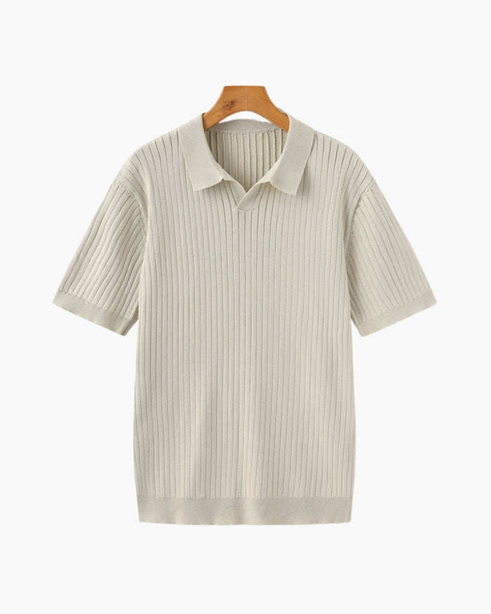 Open-Neck Ribbed Knit Polo