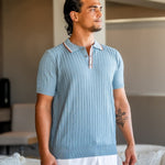 Herringbone Texture Knit Polo with Contrast Details