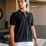 Herringbone Texture Knit Polo with Contrast Details