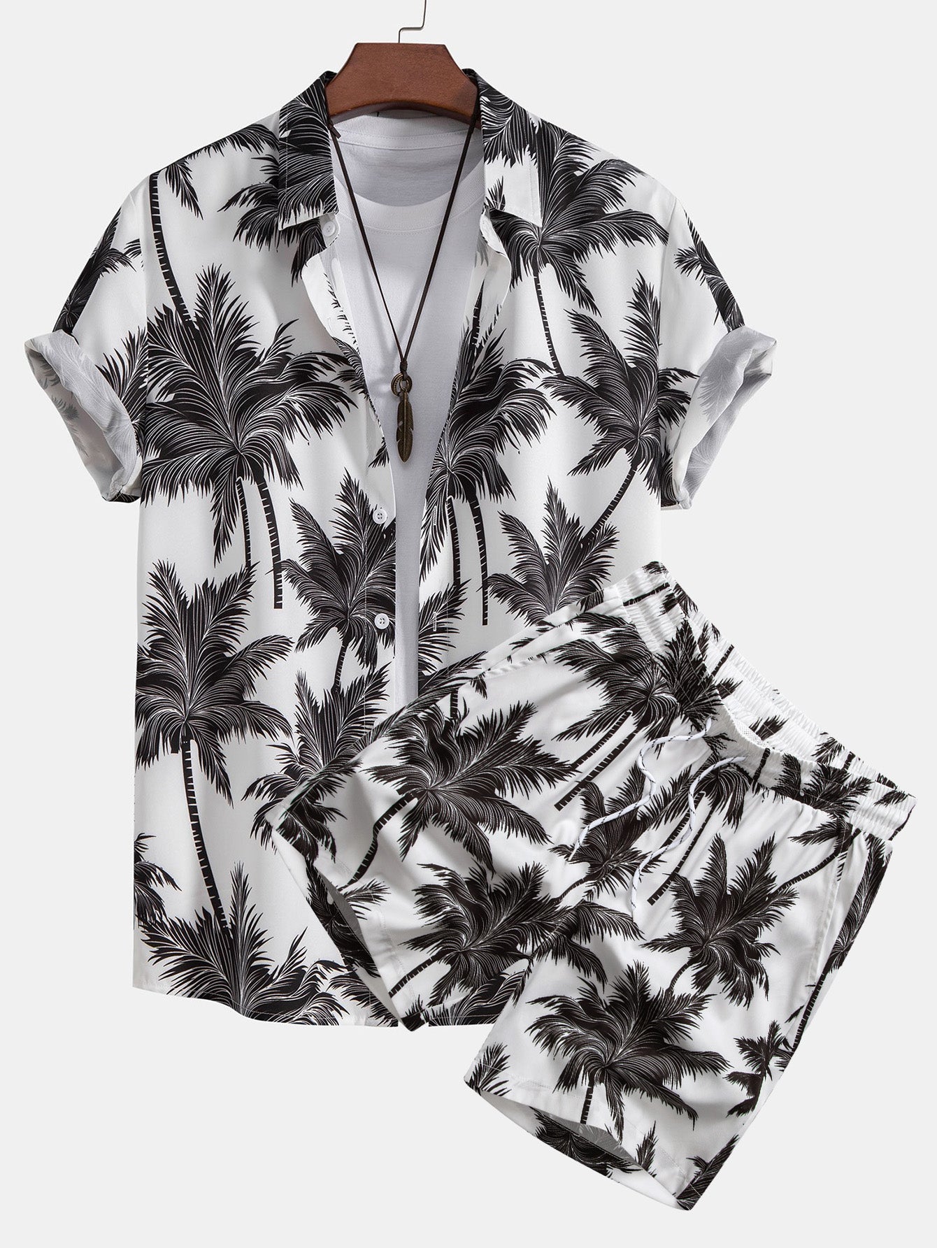 Palm Tree Print Shirt & Palm Tree Print Swim Shorts Set
