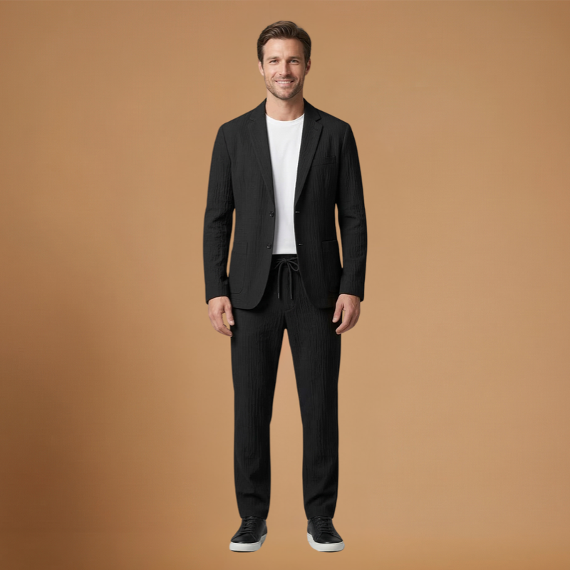Blazer and Trouser Set with Adjustable Waist and Notched Collar