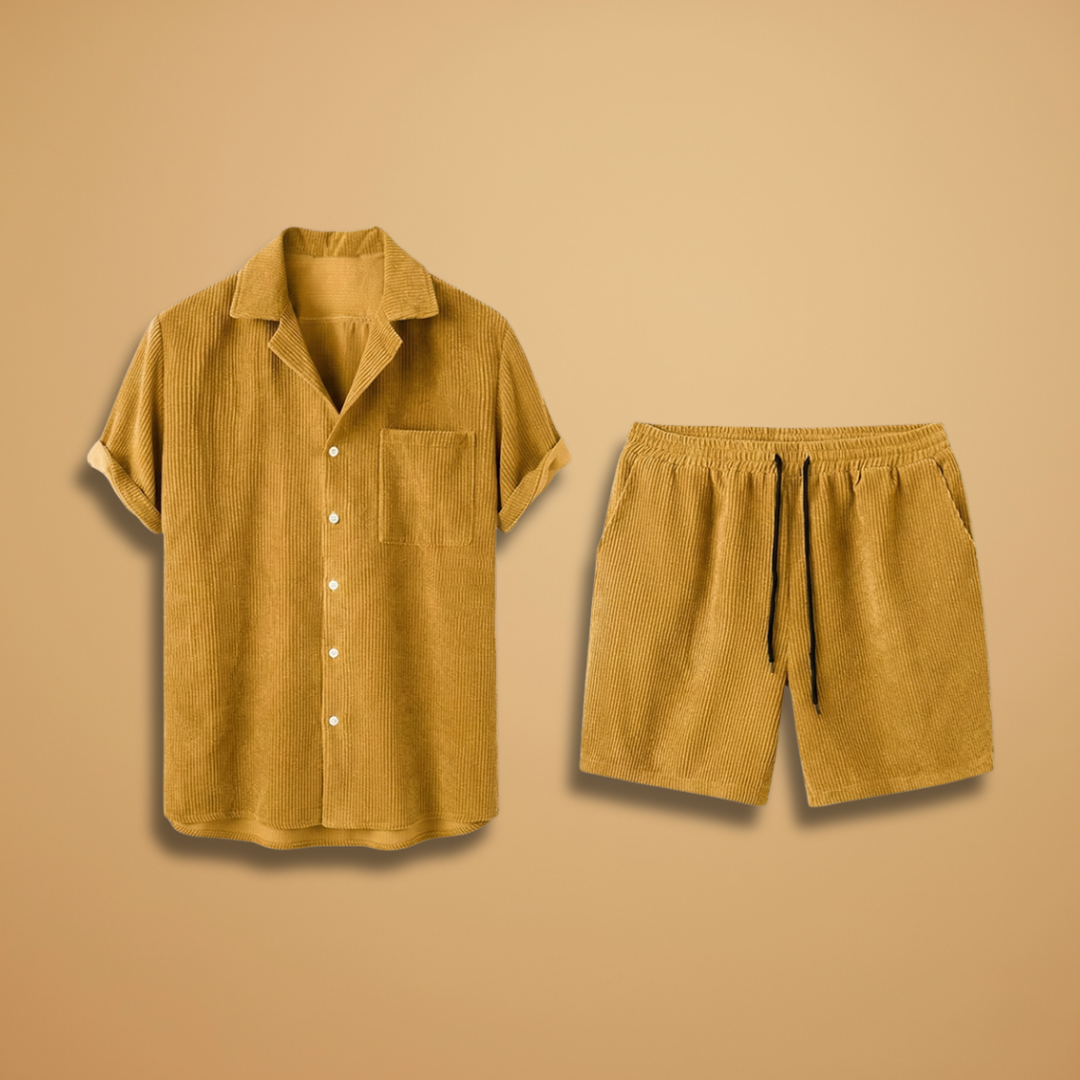 Corduroy Set with Short-Sleeve Shirt and Drawstring Shorts
