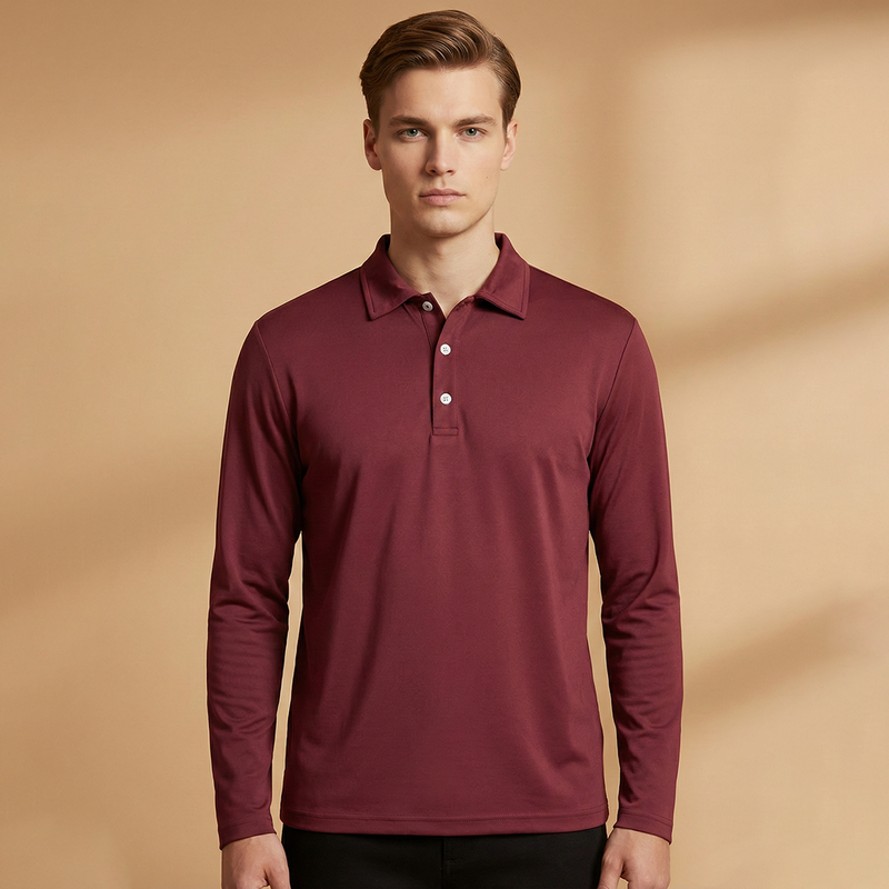 Men's Polo Shirt with Button Fastening and Long Sleeves