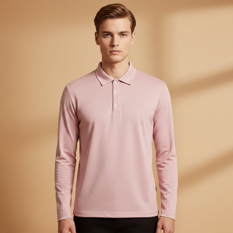 Men's Polo Shirt with Button Fastening and Long Sleeves