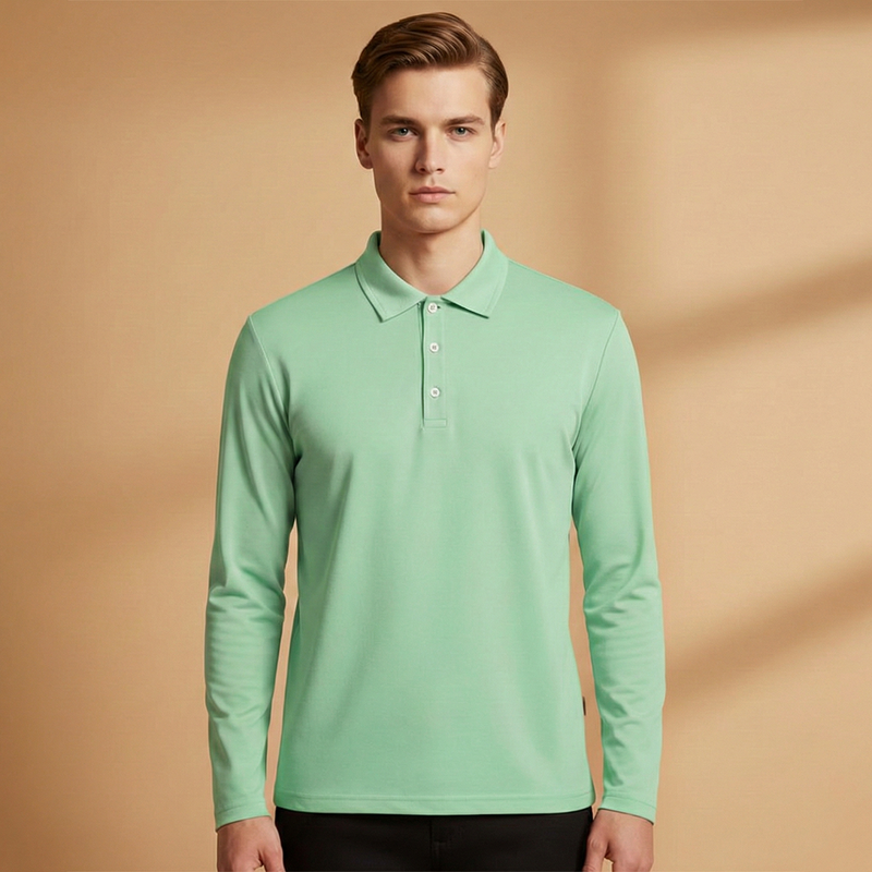 Men's Polo Shirt with Button Fastening and Long Sleeves