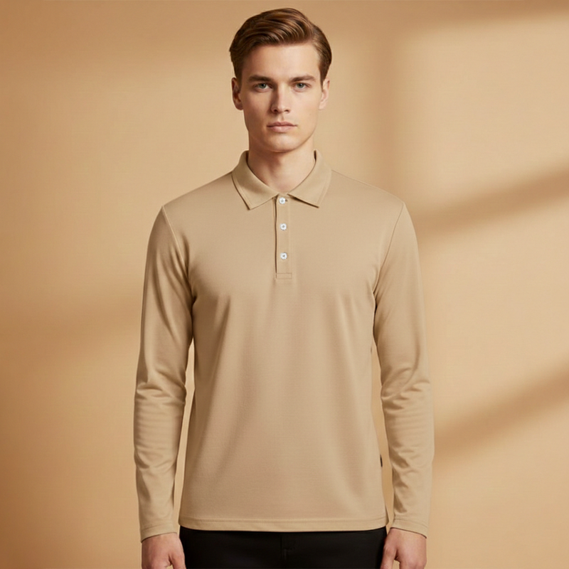 Men's Polo Shirt with Button Fastening and Long Sleeves