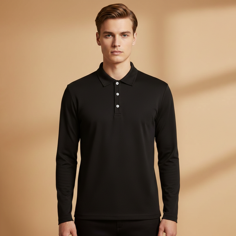 Men's Polo Shirt with Button Fastening and Long Sleeves