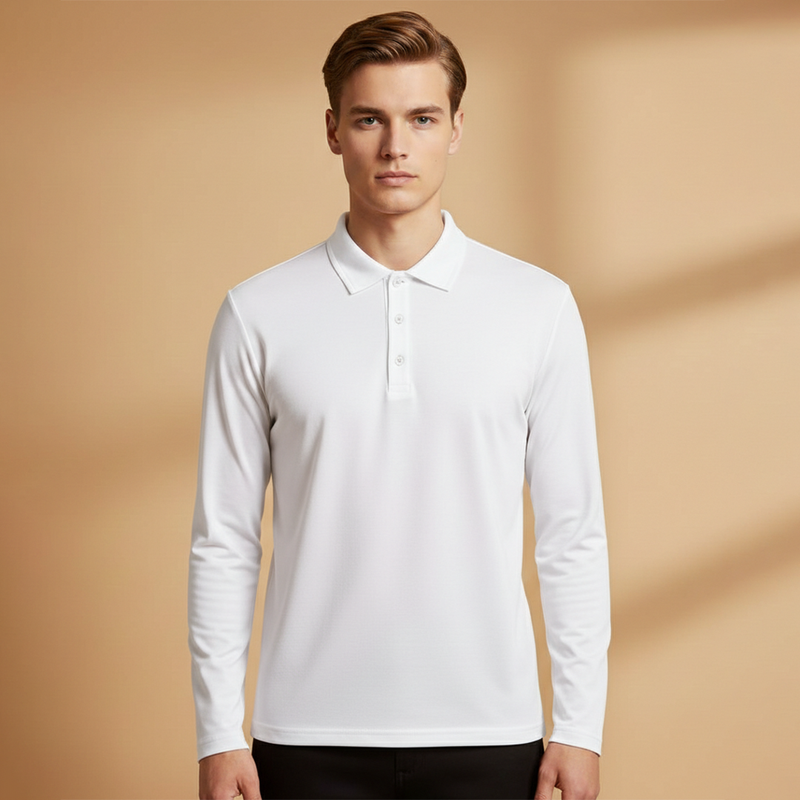 Men's Polo Shirt with Button Fastening and Long Sleeves