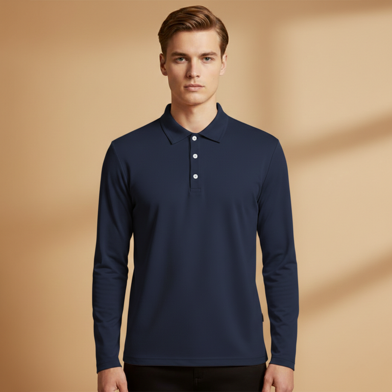 Men's Polo Shirt with Button Fastening and Long Sleeves