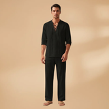 Set with Lace-Up Shirt and Wide-Leg Trousers