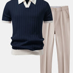 Contrast Trim Stripe Johnny Collar Polo & Tapered Trousers Set