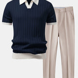 Contrast Trim Stripe Johnny Collar Polo & Tapered Trousers Set