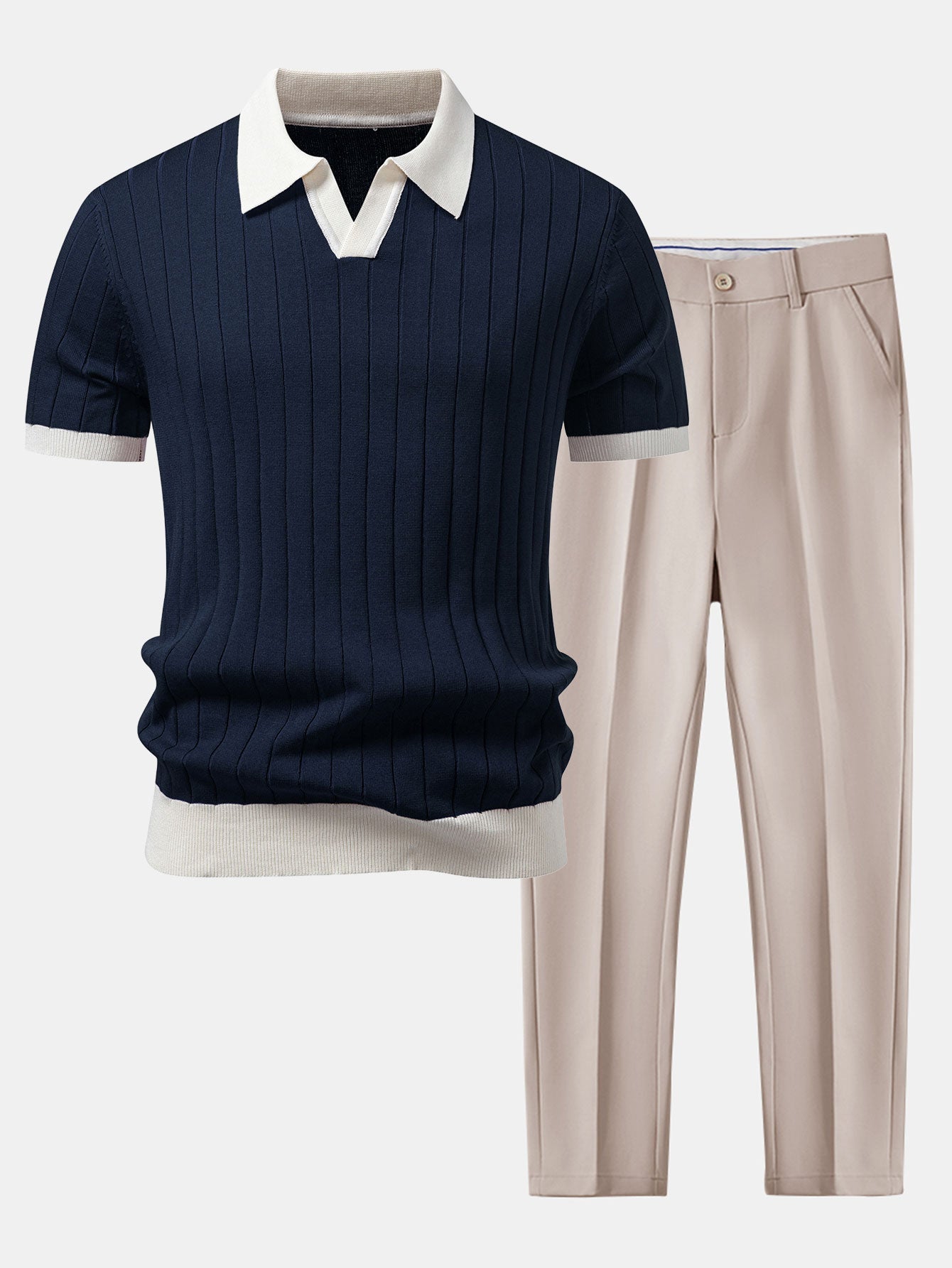 Contrast Trim Stripe Johnny Collar Polo & Tapered Trousers Set