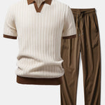 Contrast Textured Johnny Collar Knit Polo & Crinkle Textured Pants Set