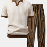 Contrast Textured Johnny Collar Knit Polo & Crinkle Textured Pants Set