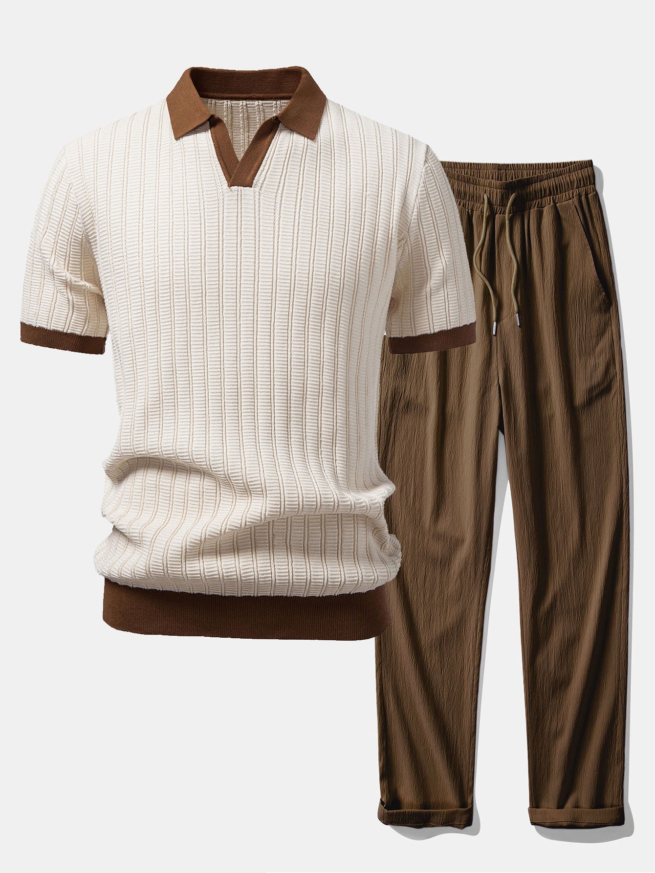 Contrast Textured Johnny Collar Knit Polo & Crinkle Textured Pants Set
