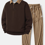 Contrast Corduroy Polo Collar Sweatshirt & Corduroy Pants Set