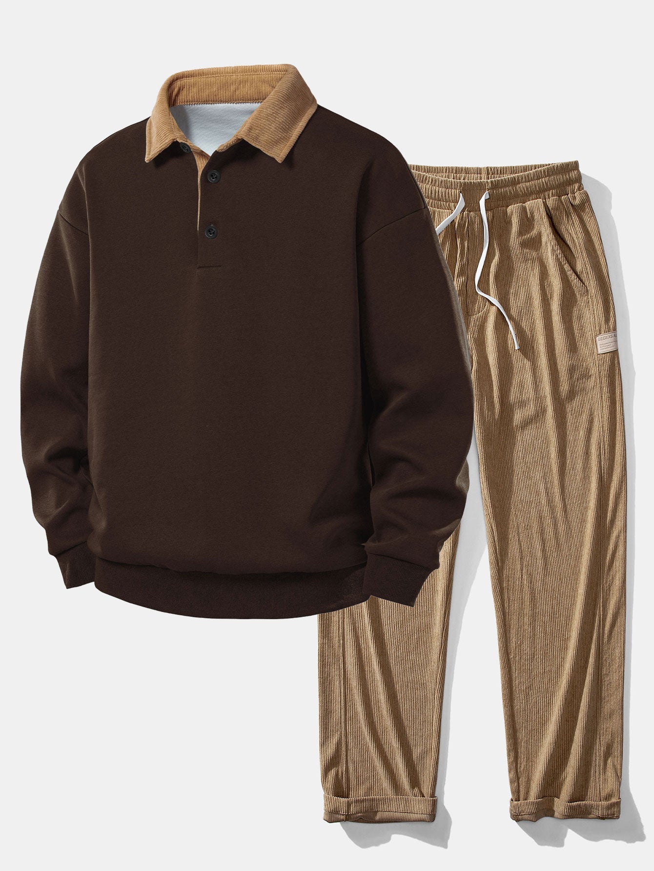Contrast Corduroy Polo Collar Sweatshirt & Corduroy Pants Set