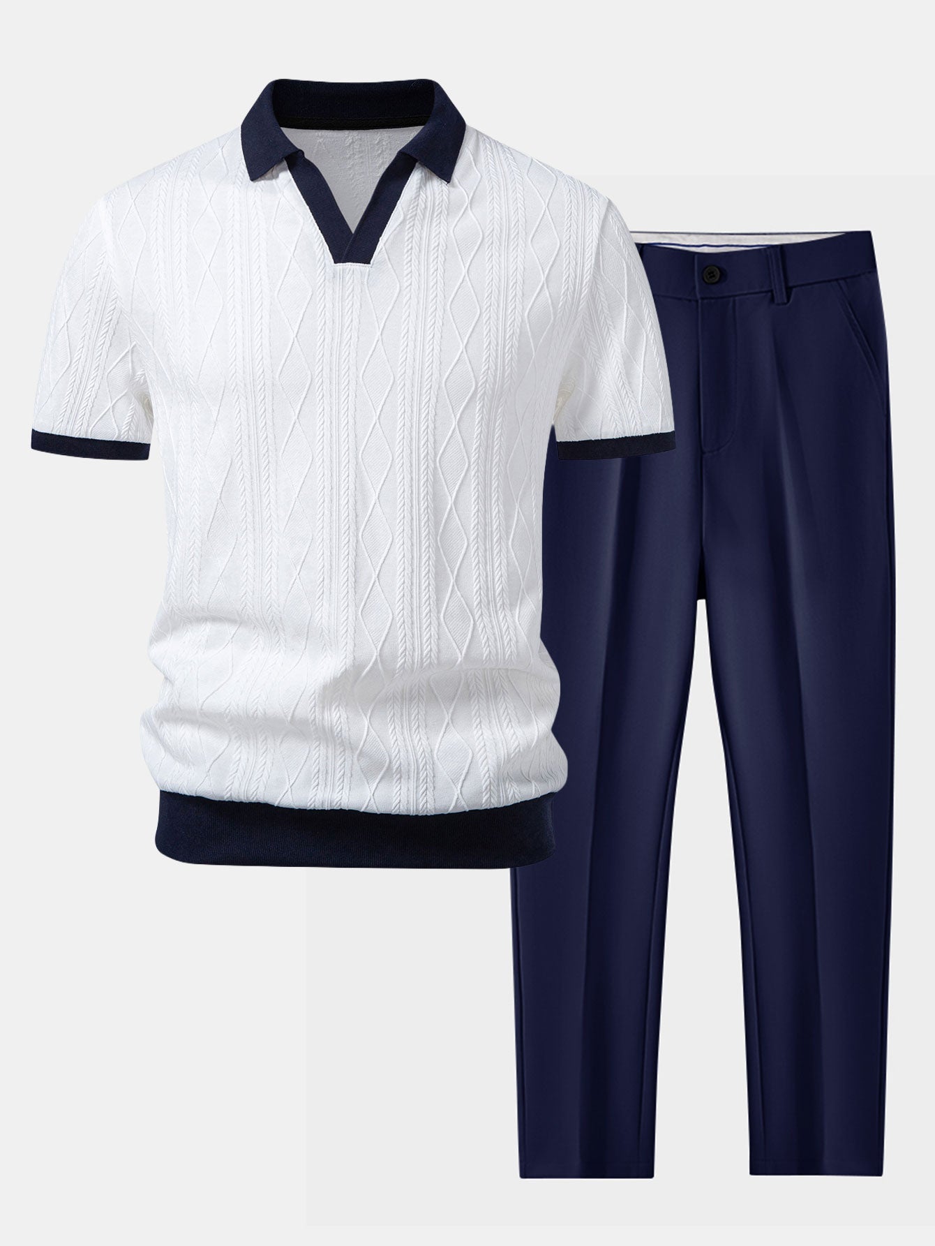 Contrast Geometry Jacquard Knit Polo & Slim Fit Tapered Trousers Set