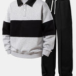 Color Block Polo Collar Sweatshirt & Pleated Pintuck Sweatpants Set