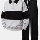 Color Block Polo Collar Sweatshirt & Pleated Pintuck Sweatpants Set