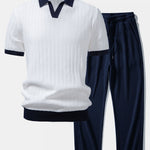 Contrast Textured Johnny Collar Knit Polo & Drawstring Knitted Waffle Pants Set