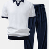 Contrast Textured Johnny Collar Knit Polo & Drawstring Knitted Waffle Pants Set