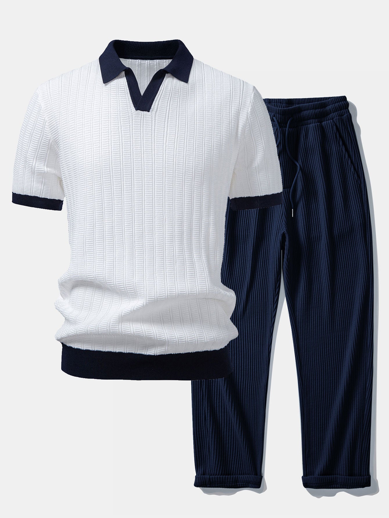 Contrast Textured Johnny Collar Knit Polo & Drawstring Knitted Waffle Pants Set