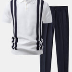 Contrast Textured Knit Polo & Slim Fit Tapered Trousers Set