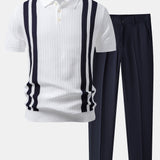 Contrast Textured Knit Polo & Slim Fit Tapered Trousers Set