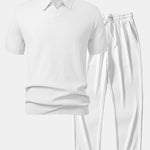 Wave Jacquard Knit V Neck Polo Shirt & Straight Leg Ribbed Pants Set