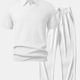 Wave Jacquard Knit V Neck Polo Shirt & Straight Leg Ribbed Pants Set