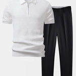 Rhombus Textured Zip Up Knitted Polo Shirt & Tapered Trousers Set