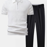 Rhombus Textured Zip Up Knitted Polo Shirt & Tapered Trousers Set