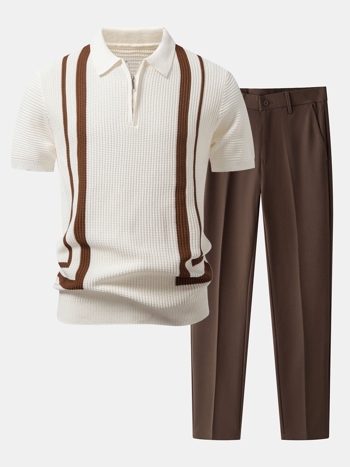 Contrast Waffle Zipper Knit Polo & Slim Fit Tapered Trousers Set