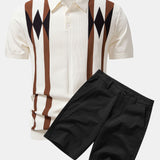 Stripe Geometric Jacquard Knitted Polo Shirt & Cotton Chino Shorts Set