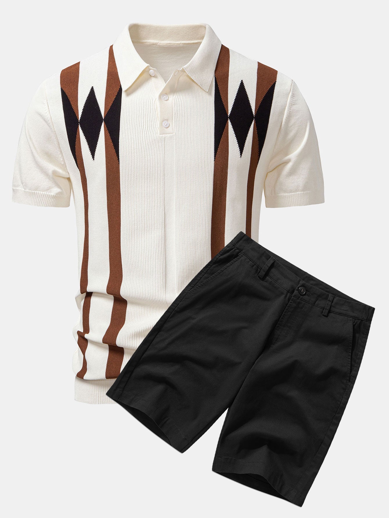 Stripe Geometric Jacquard Knitted Polo Shirt & Cotton Chino Shorts Set
