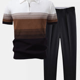 Striped Gradient Knitted Polo Shirt & Slim Fit Tapered Trousers Set