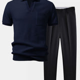 Waffle Johnny Collar Polo with Pocket & Slim Fit Tapered Trousers Set