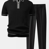 Contrast Trim Waffle Zipper Knit Polo & Slim Fit Tapered Trousers Set