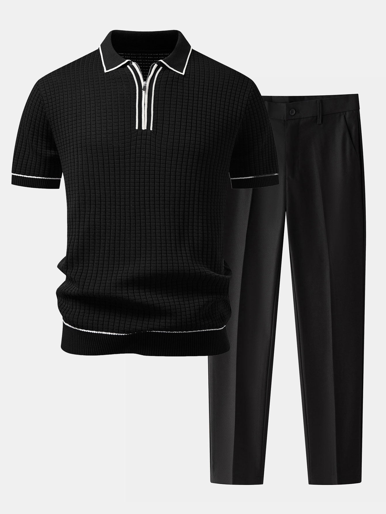 Contrast Trim Waffle Zipper Knit Polo & Slim Fit Tapered Trousers Set