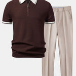 Contrast Zipper Knit Polo & Slim Fit Tapered Trousers Set
