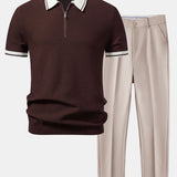 Contrast Zipper Knit Polo & Slim Fit Tapered Trousers Set